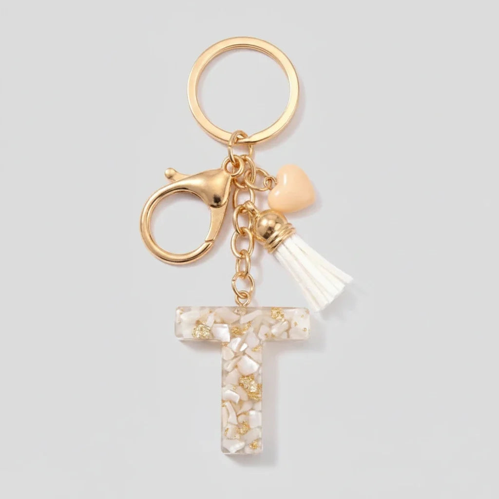Porte-clés beige avec initiales, lettre T