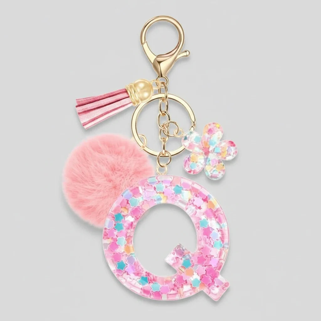 Porte-clés rose avec initiales, lettre Q