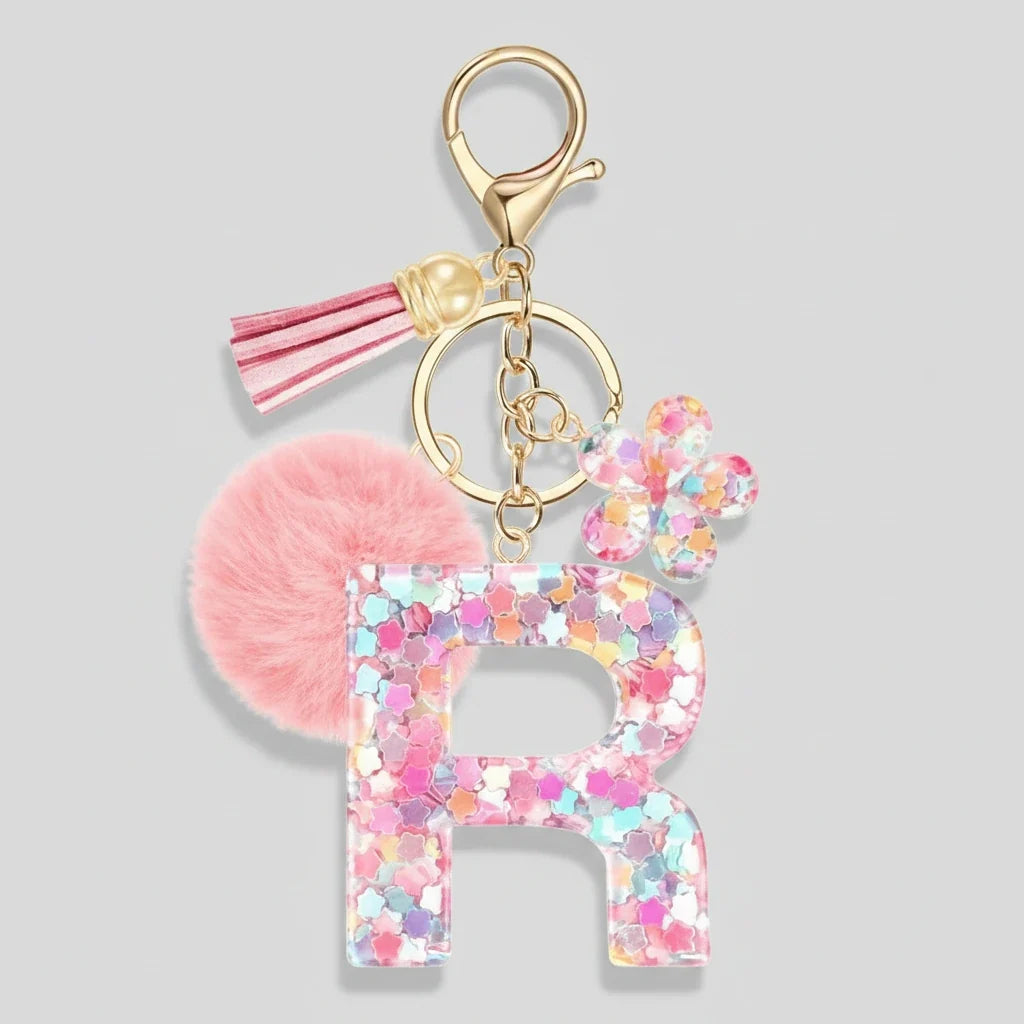 Porte-clés rose avec initiales, lettre R