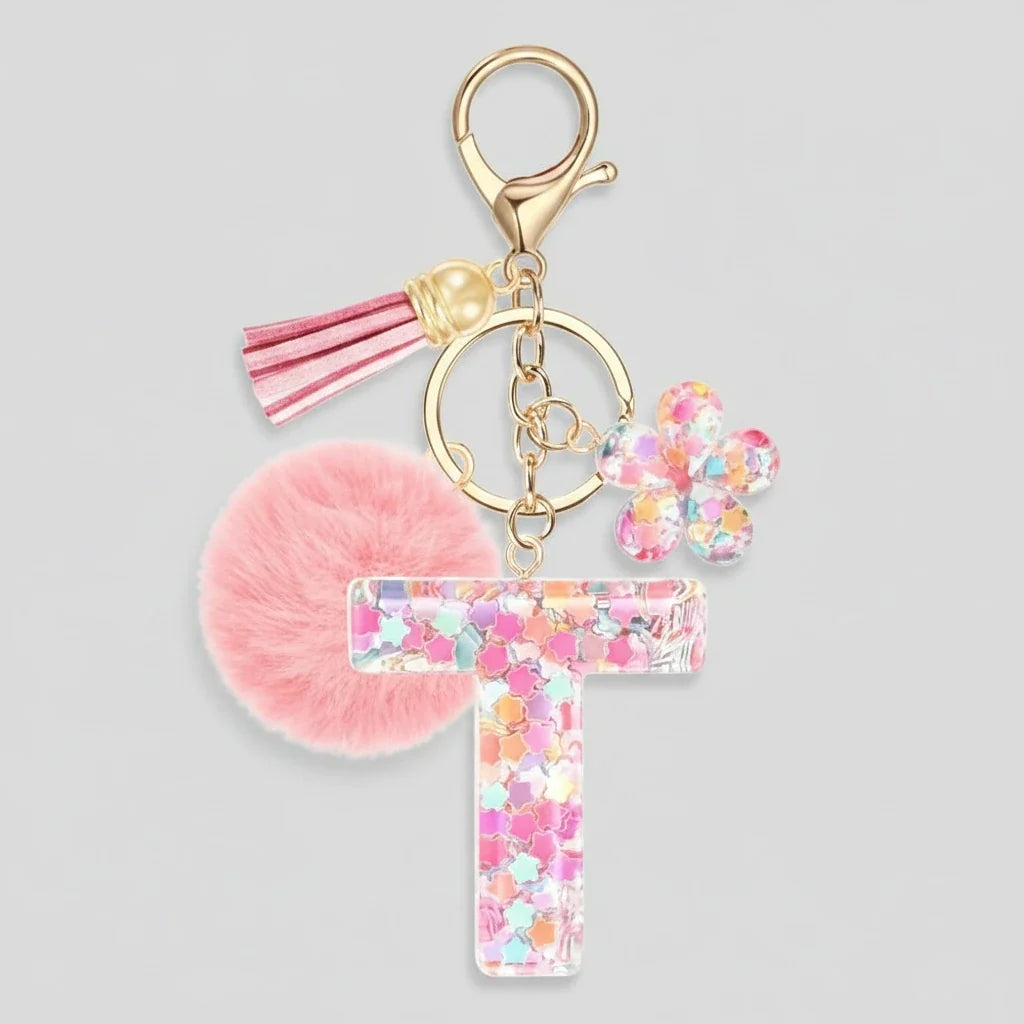 Porte-clés rose avec initiales, lettre T