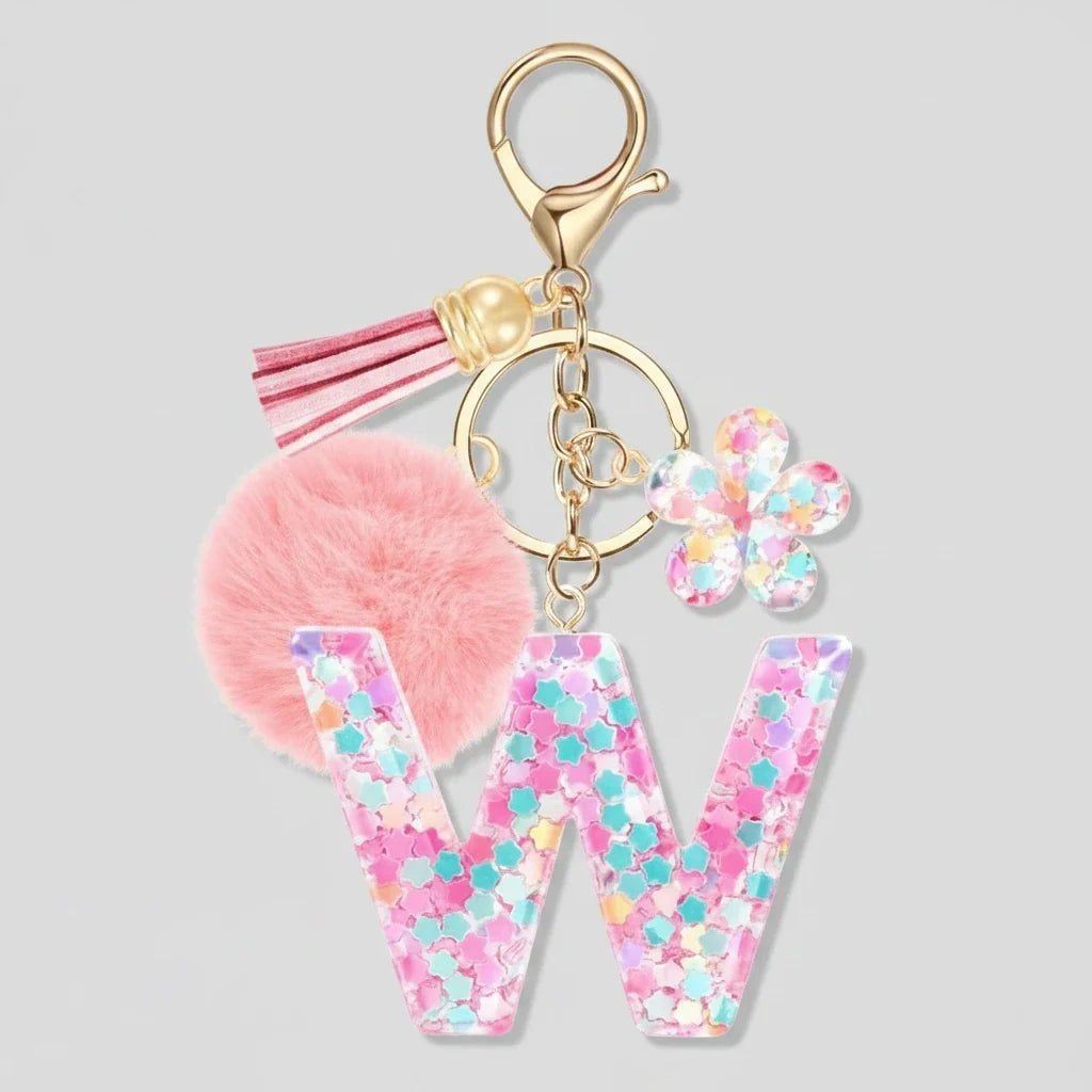 Porte-clés rose avec initiales, lettre W