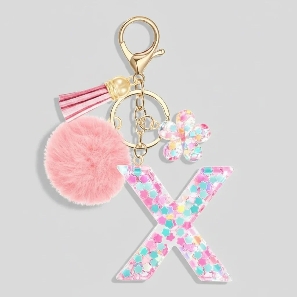 Porte-clés rose avec initiales, lettre X